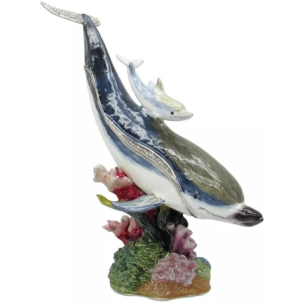 LG GIFT Mama Dolphin & Baby Jeweled Trinket Box & Pin with Austrian Crystals NWT